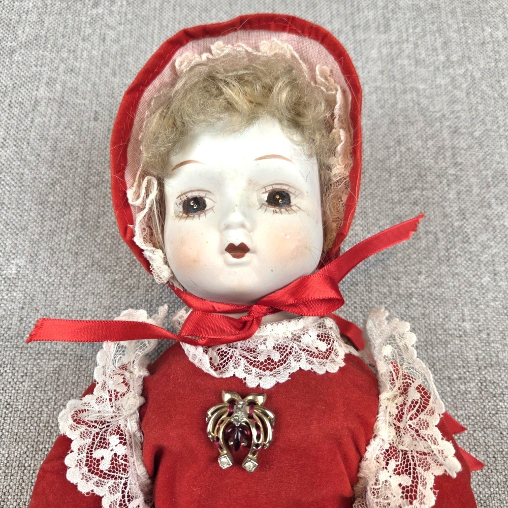 Vintage Blonde‎ Porcelain Doll In Original Victorian Red Dress